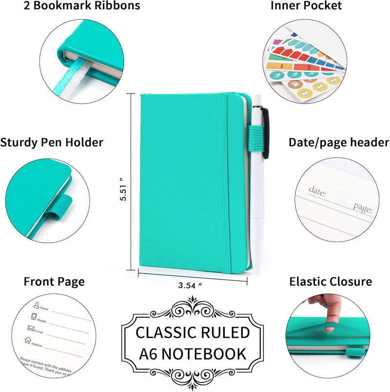 Feela 15 Pack Pocket Small Notebooks Bulk, Mini Cute Memo Notepads Hardcover College Ruled Lined Journals with Pen Holder for Women Girls Office School, with 15 Black Pens, 3.5”x 5.5”, A6, Aqua - Image 2